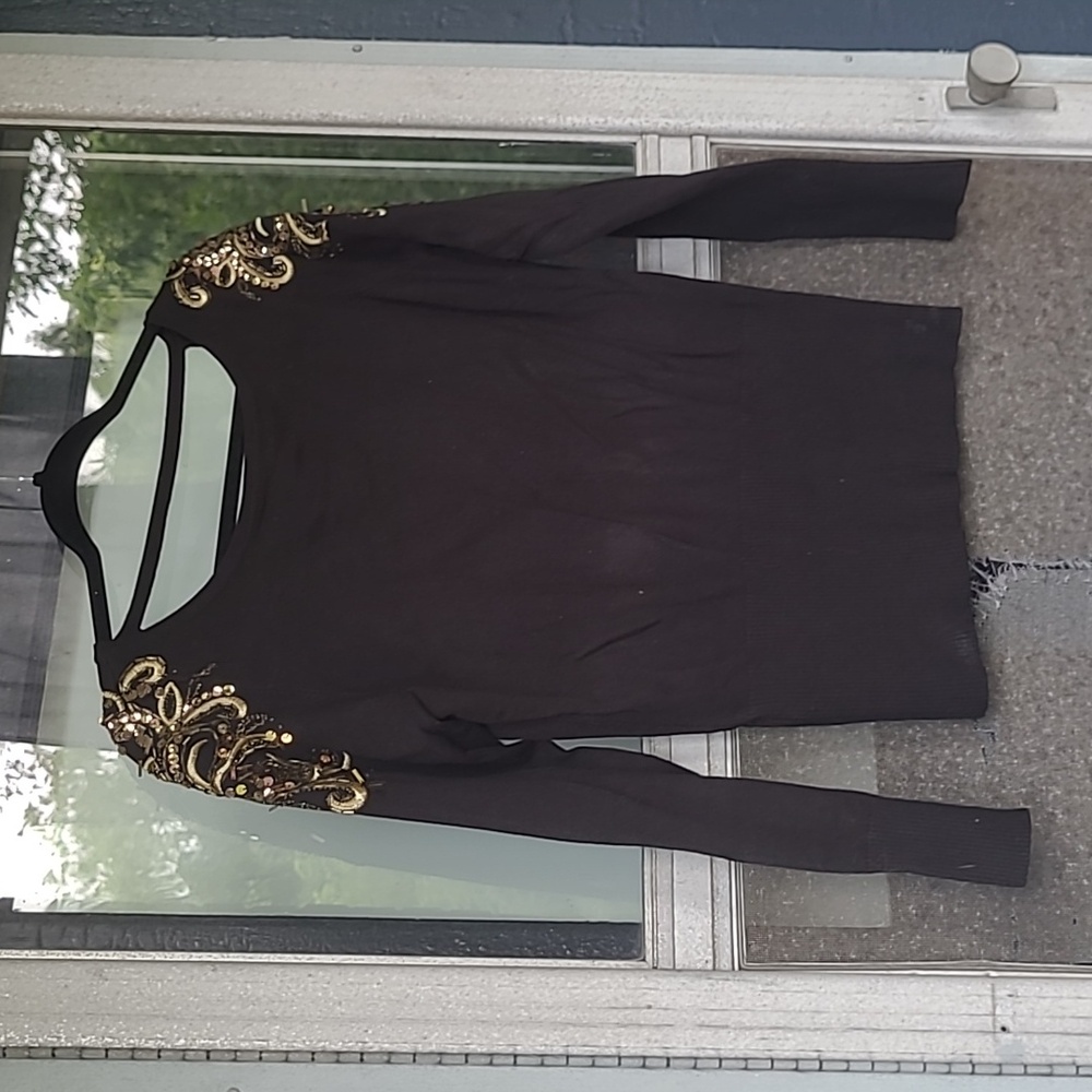 Cashe black sweater with gold beads on shoulders and v-neck back size l